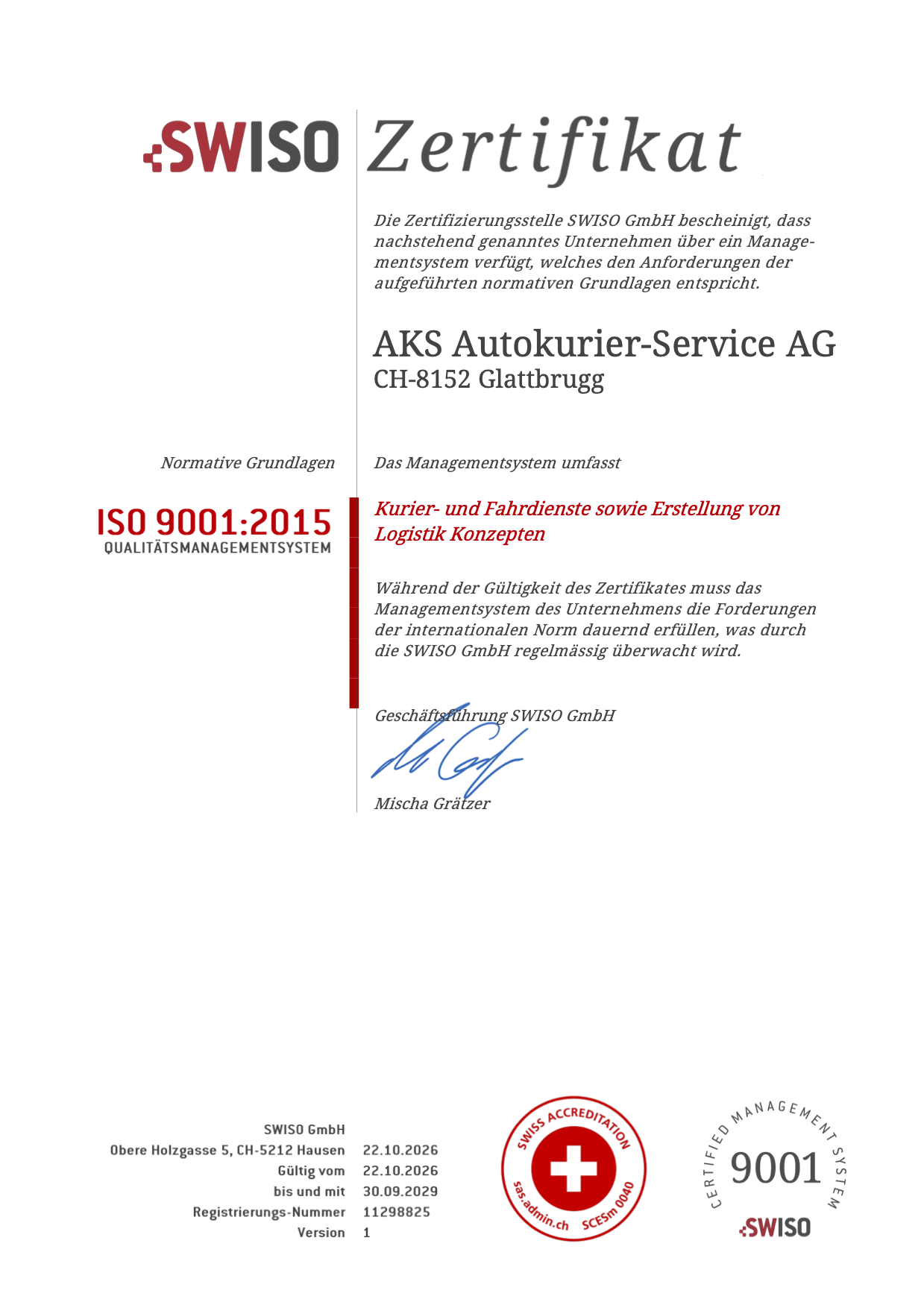 ISO 9001:2015 Zertifikat der AKS Autokurier-Service AG